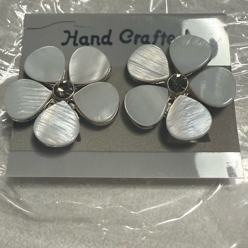 NWT Handcrafted Floral Clip-On Earrings Pearl Shell Rhinestone Fall Trend